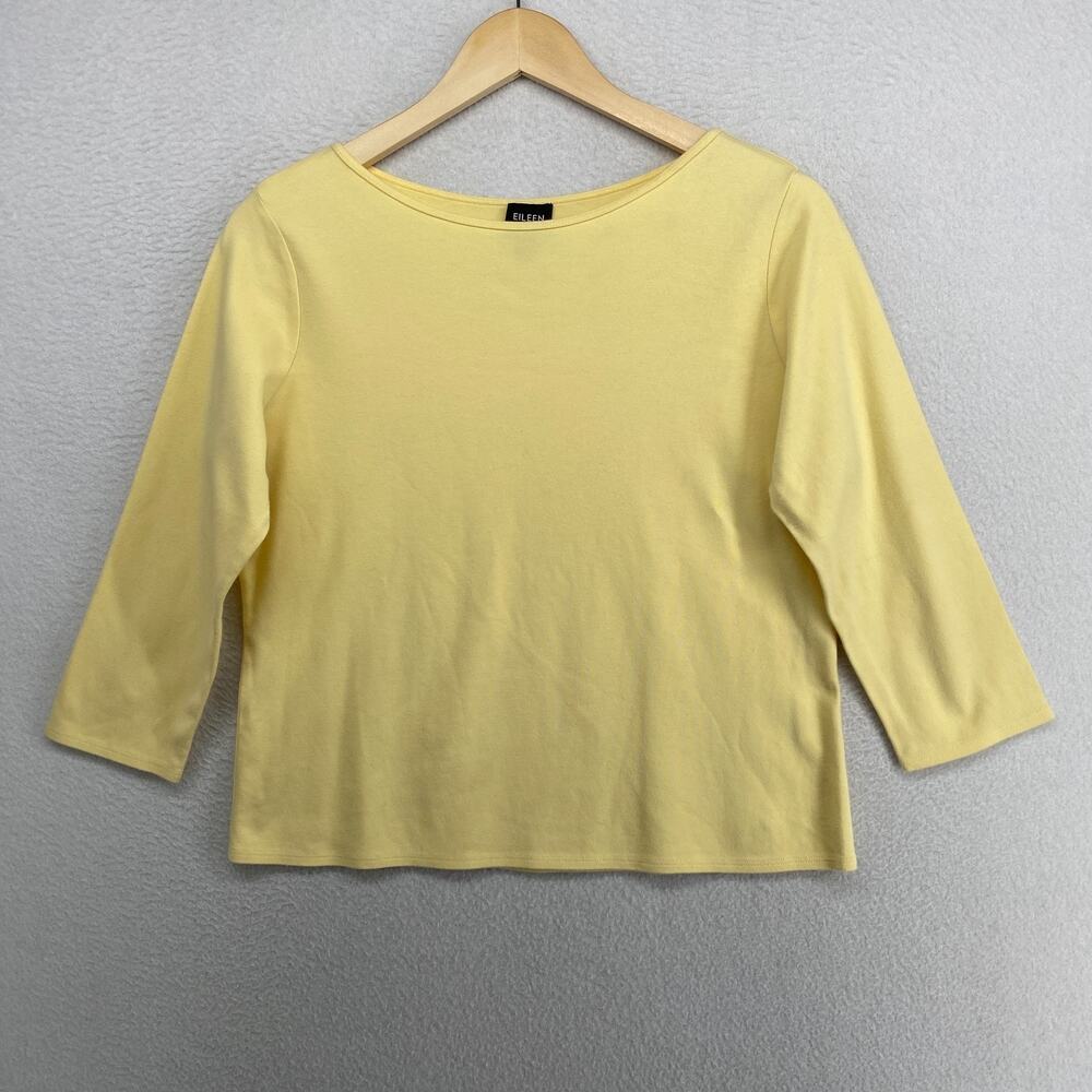 EILEEN FISHER Top S Stretch Organic Cotton Jersey Crew Neck 3/4 Sleeve Yellow